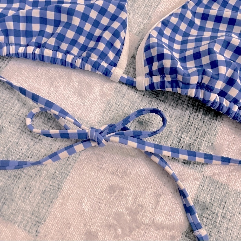 Ralph Lauren Blue Gingham Triangle String Bikini Top Large - Picture 3 of 11